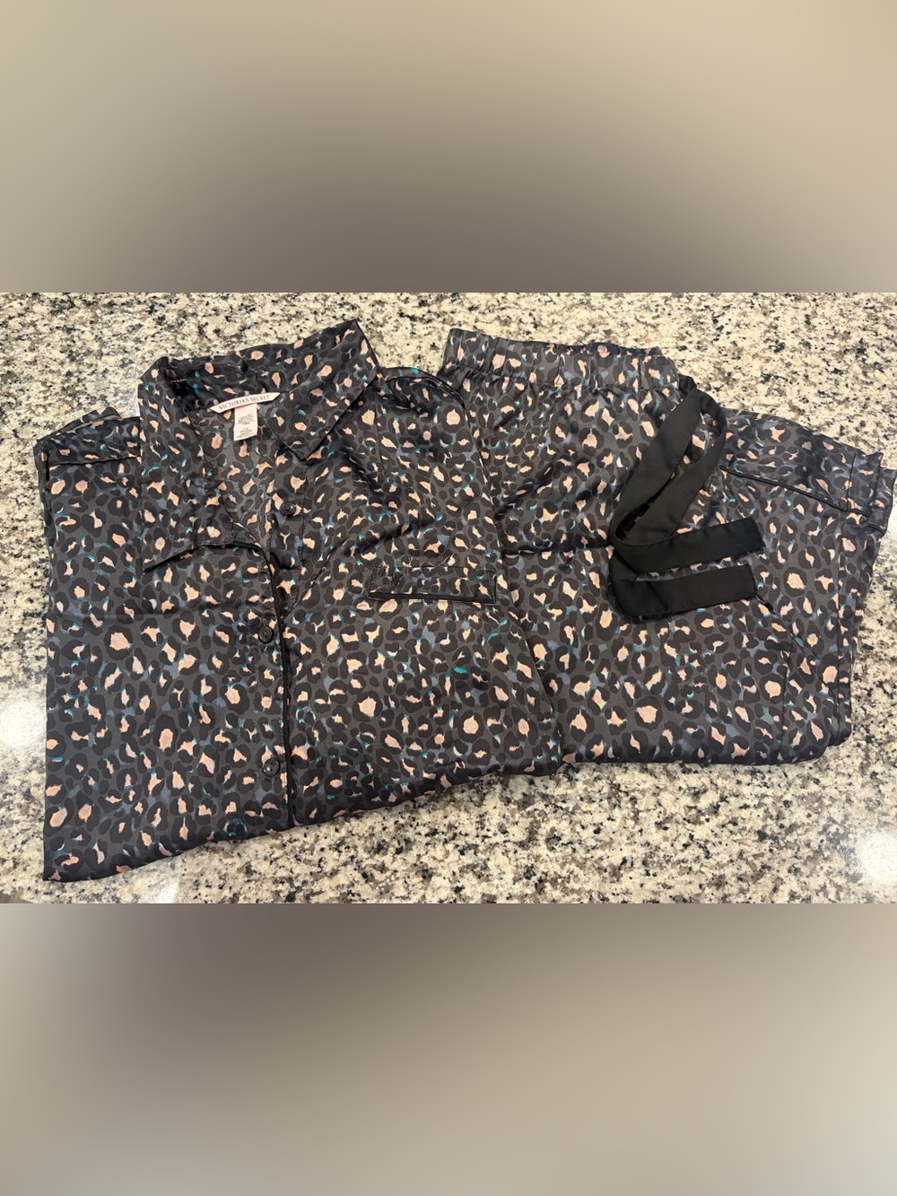 Victoria's Secret Black Leopard Print Satin Pajama Set